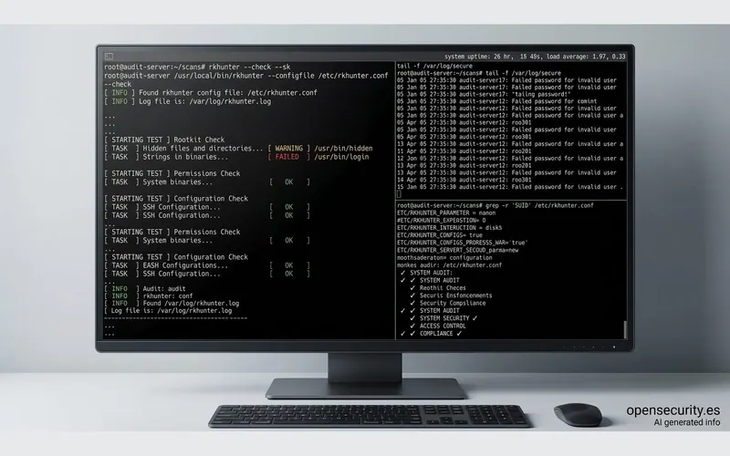 Auditoría en pantalla: rkhunter marca un fichero oculto y un binario alterado, junto al registro de accesos fallidos