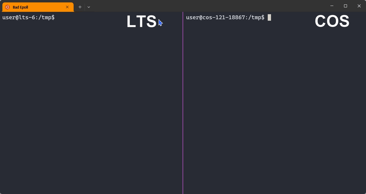 Demostración animada del exploit de Bad Epoll: dos terminales en paralelo, LTS y COS, en las que un proceso sin privilegios gana la condición de carrera, atraviesa la fase cross-cache, secuestra el flujo de control con f_op->poll y obtiene un shell root con uid=0