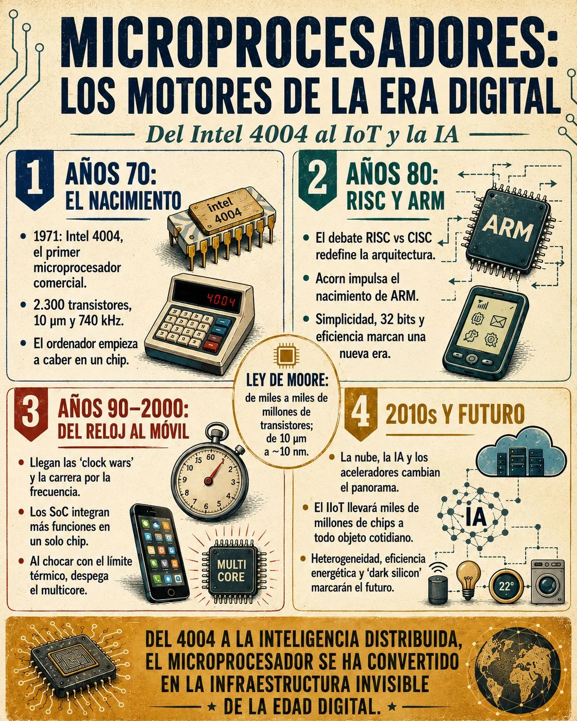 Infografía «Microprocesadores: los motores de la era digital», del Intel 4004 al IoT y la IA, en cuatro etapas: años 70, años 80 (RISC y ARM), años 90-2000 (del reloj al móvil) y 2010s y futuro