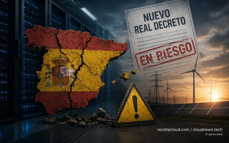 Mapa de España agrietado junto a un decreto sellado «en riesgo», con racks, torres eléctricas y aerogeneradores