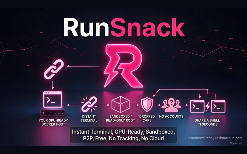 Ilustración del flujo de RunSnack: un enlace lleva a una terminal en un contenedor con acceso a la GPU del anfitrión
