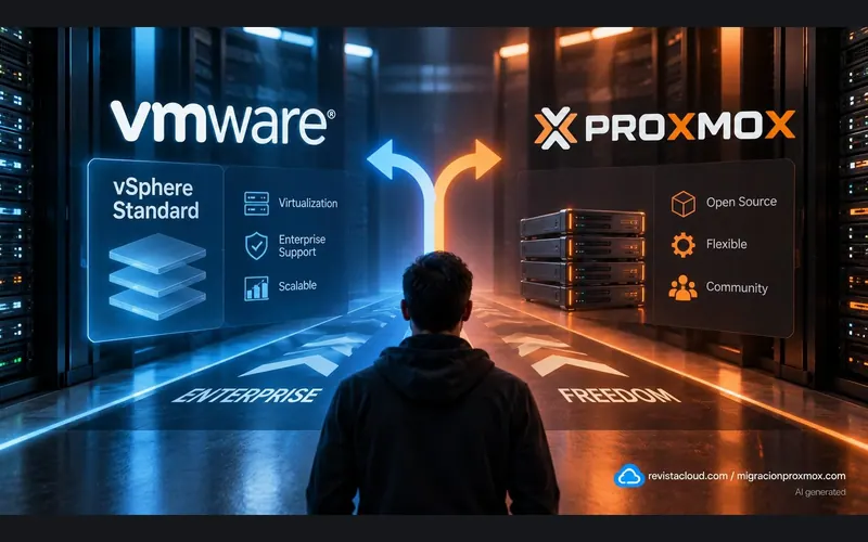 Pasillo de un centro de datos con dos caminos señalizados, uno hacia vSphere Standard y otro hacia Proxmox